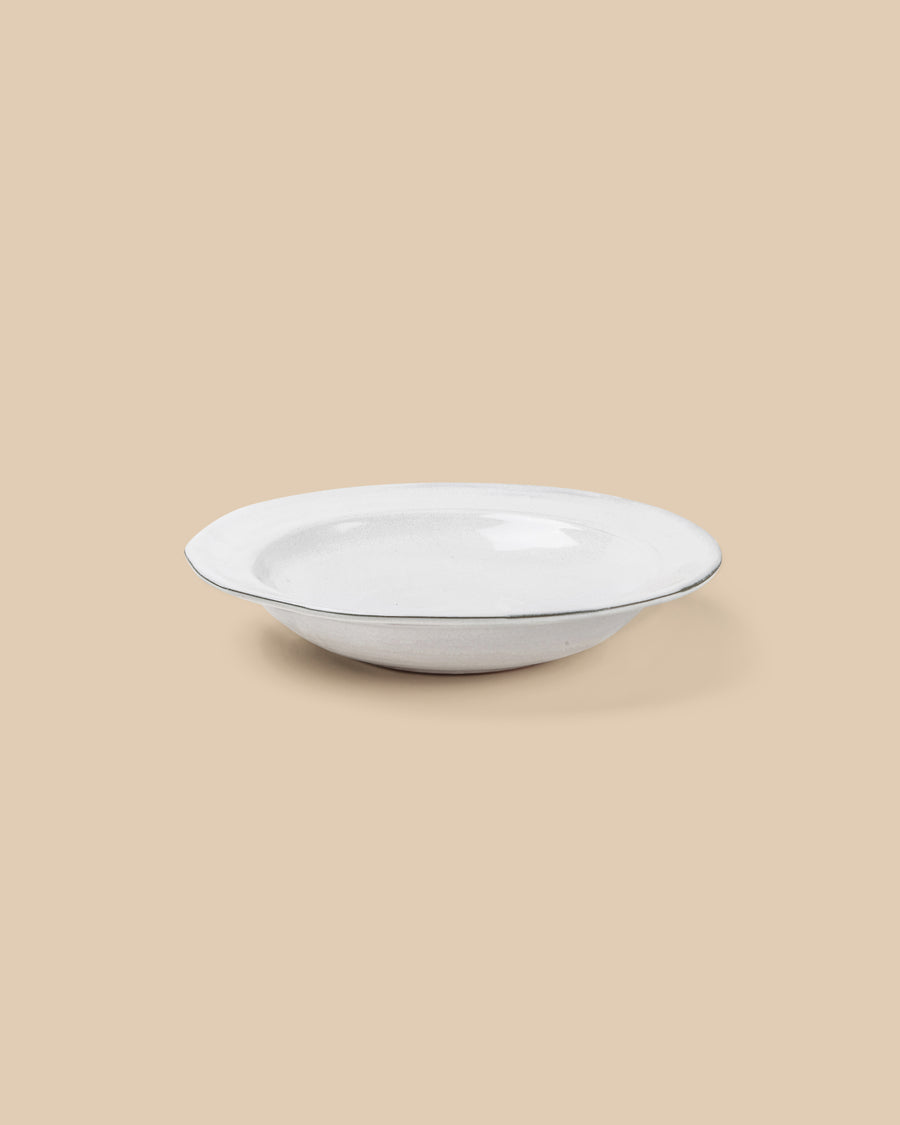 elegant white handmade dishwasher safe ceramic pasta serving bowl with green rim