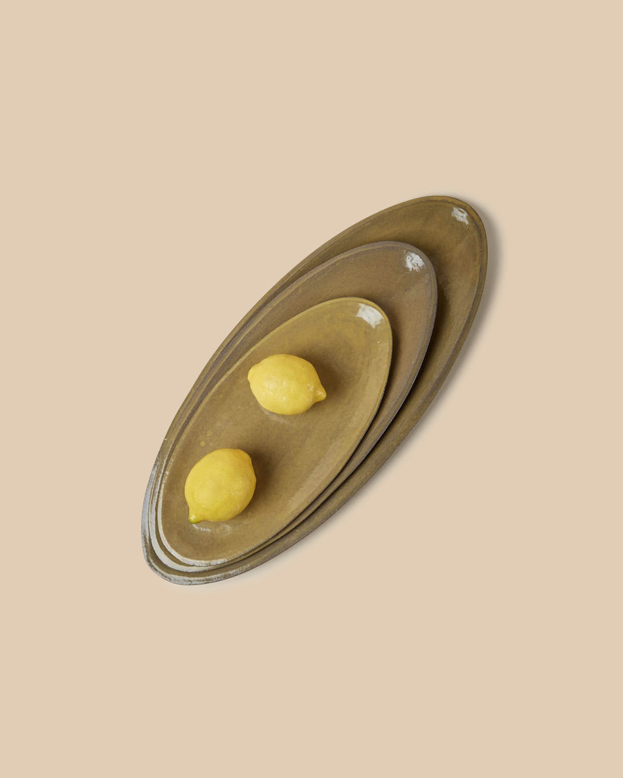 handcrafted muted yellow green glazed ceramic small oval serving platter