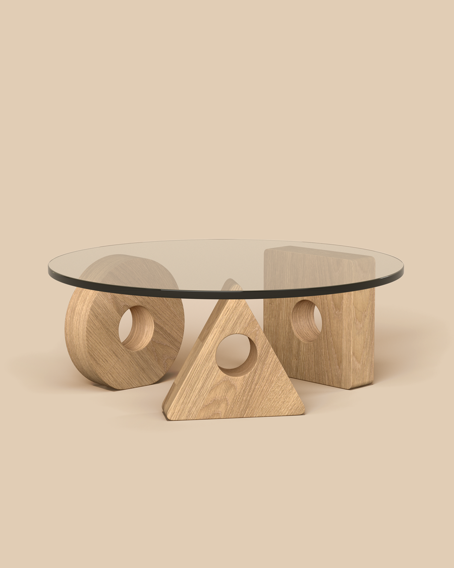 Cosmo Coffee Table by Arjé in oak, glass top on three hand-carved oak geometric forms, front view, made to order in California