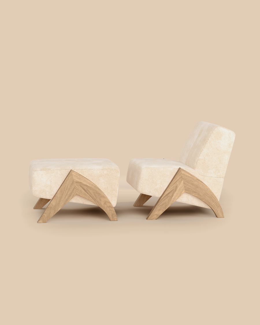 Enzo Shearling Chair and Ottoman by Arjé in oak, natural shearling daybed with oak legs, front view, made to order in California