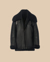 womens black waxed suede and black shearling reversible shearling jacket with leather detailing on collar