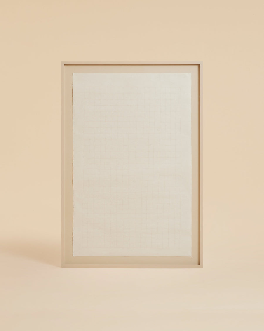 one-of-a-kind minimalist signed framed ivory silk thread on beige kozo paper collage art in a grid