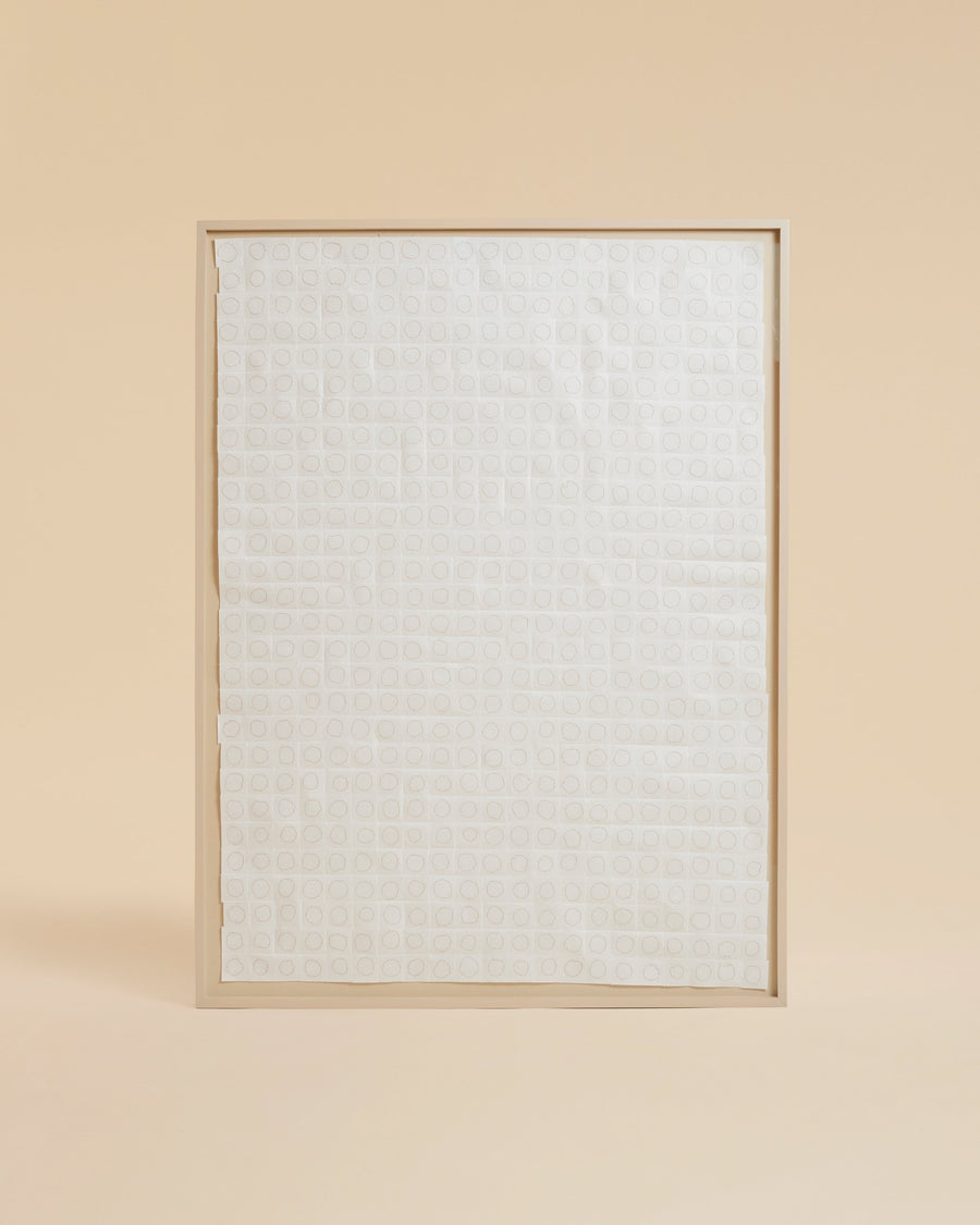 one-of-a-kind minimalist signed framed black silk thread on beige kozo paper collage art of circles in a grid