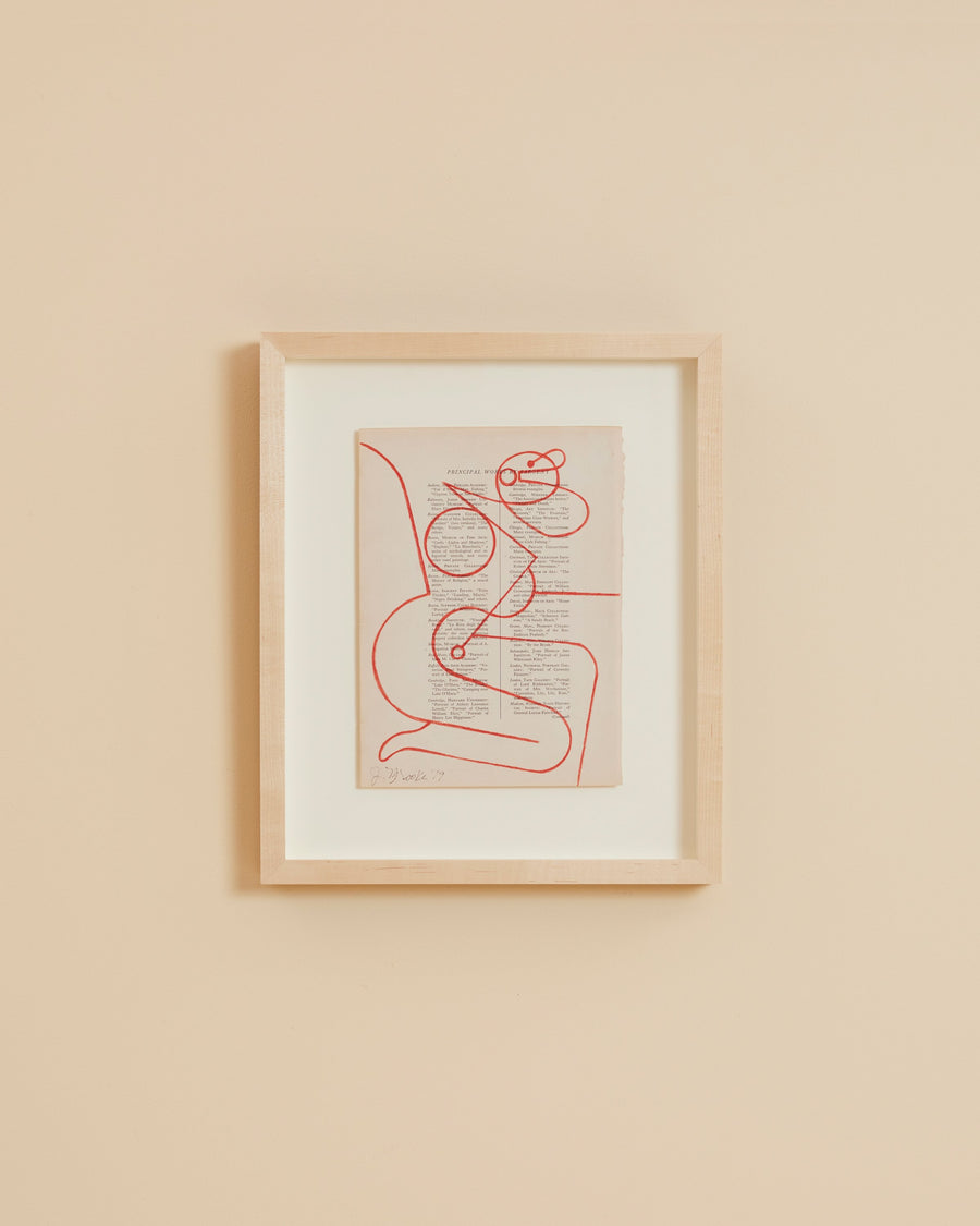 one-of-a-kind oak framed signed red pencil on vintage book paper cubist portrait 