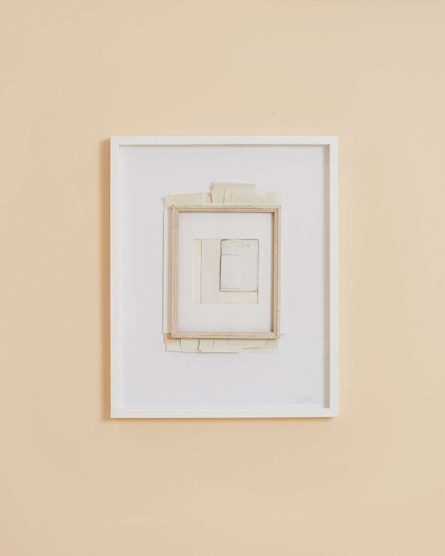 framed mixed media collage art by Sophie Klerk of layered rectangular shapes in white and beige