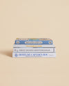 four book stack of travel books including writing and photography themes with Mediterranean blue and white book jackets