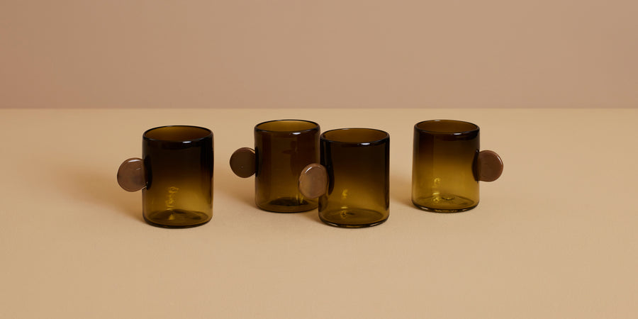 artisanal hand blown glassware set with brown handles