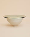 beige handbuilt rounded sculptural base ceramic and glass top coffee table