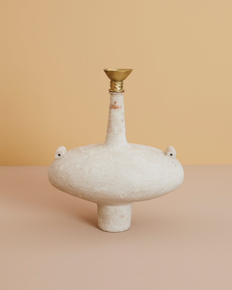 ivory handmade sculptural mediterranean greek pottery -inspired ceramic stone vase with brass details