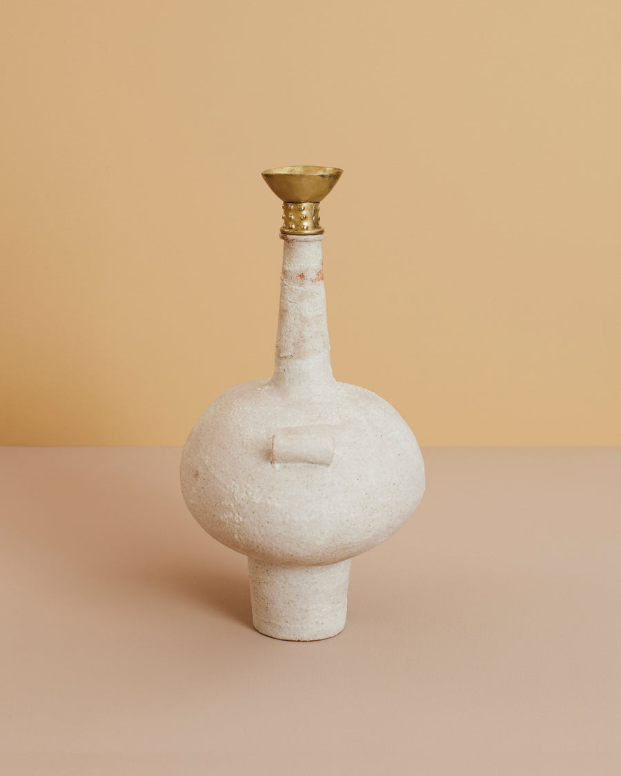ivory handmade sculptural mediterranean greek pottery -inspired ceramic stone vase with brass details