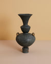 dark grey sculptural stoneware centerpiece vase made by hand with brass detailing inspired by ancient greek vessels