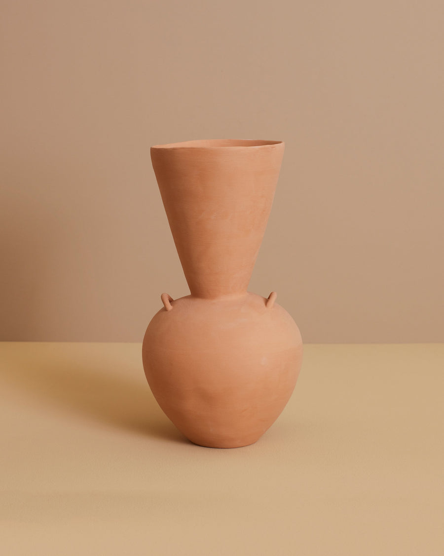 handmade Mediterranean tall vase of terracotta stoneware with rounded bottom and cone-shaped top 