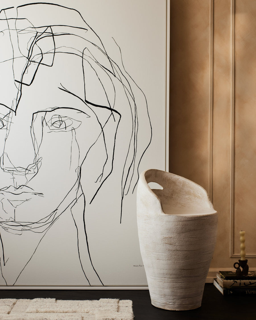 stylized image of signed and framed black and white acrylic on canvas large abstract wall art of the human head by Luciana Ame