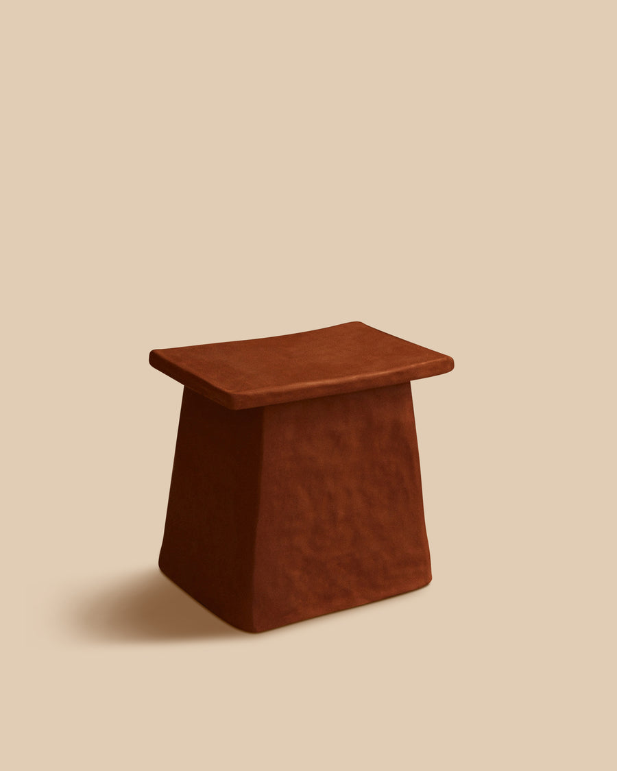 reddish-brown handmade Mediterranean terracotta trapezoid base with flat table top sculptural end table