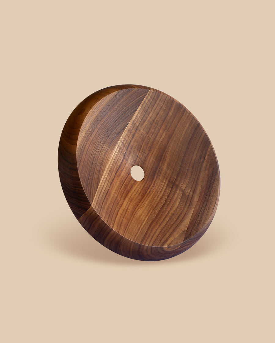 elegant circular-shaped turned walnut wood bread and fruit bowl with hole in center