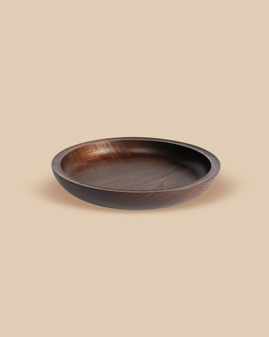 elegant smooth round walnut wood serving bowl top view