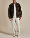 unisex khaki reversible lightweight water-resistant quilted nylon and shearling bomber jacket