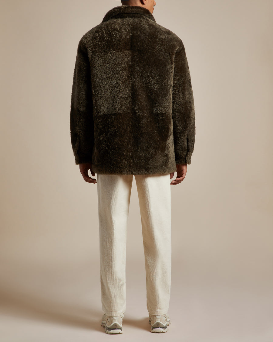 lightweight khaki unisex fully reversible nylon and shearling water-resistant shirt jacket with boxy shape