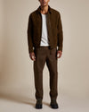 mens khaki fitted suede jacket with quilted nylon lining, front zipper and zippered side pockets