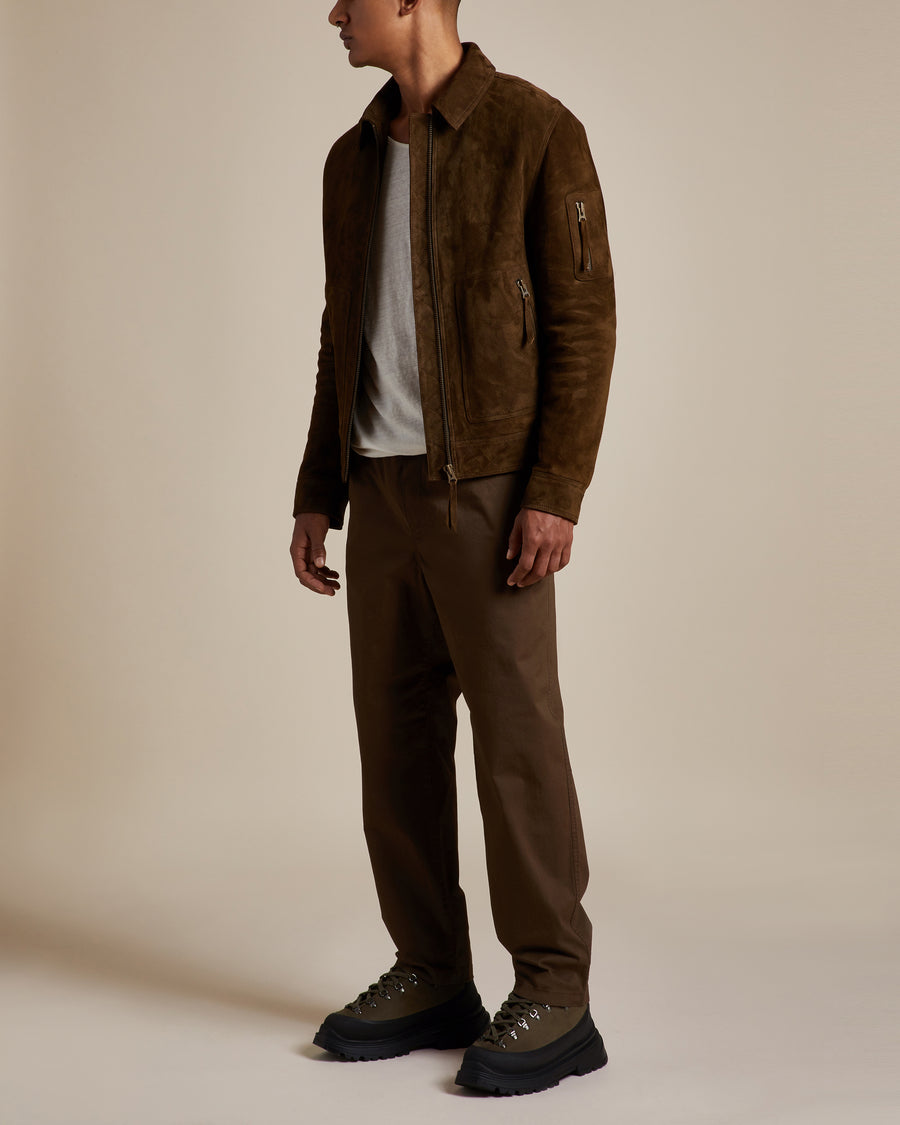 mens khaki fitted suede jacket with quilted nylon lining, front zipper and zippered side pockets