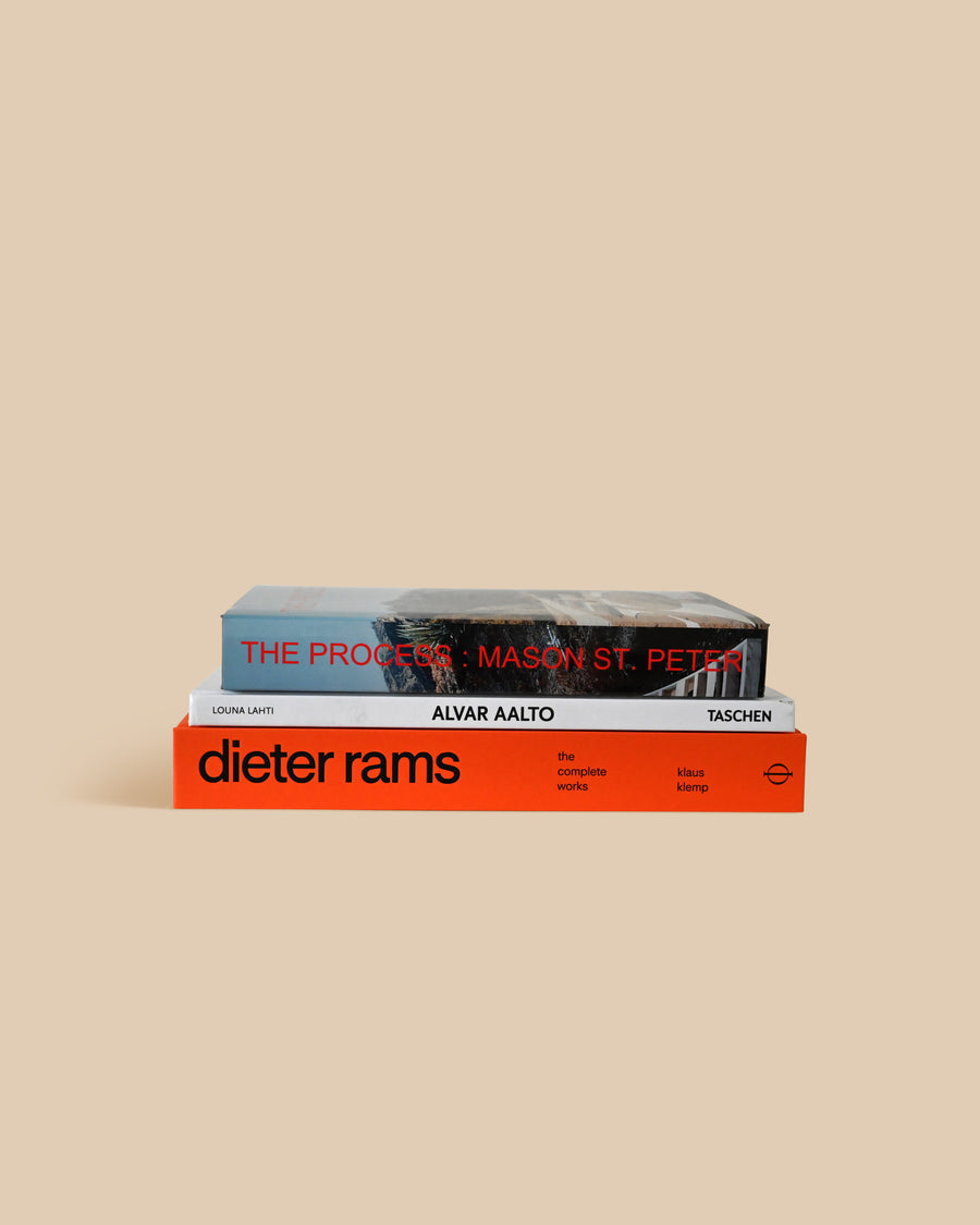 three architecture books focusing on architects Mason St. Peter, Alvar Aalto, and Dieter Rams with vibrant covers