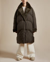long khaki water resistant lightweight duvet style puffer coat with shearling collar and front button closure