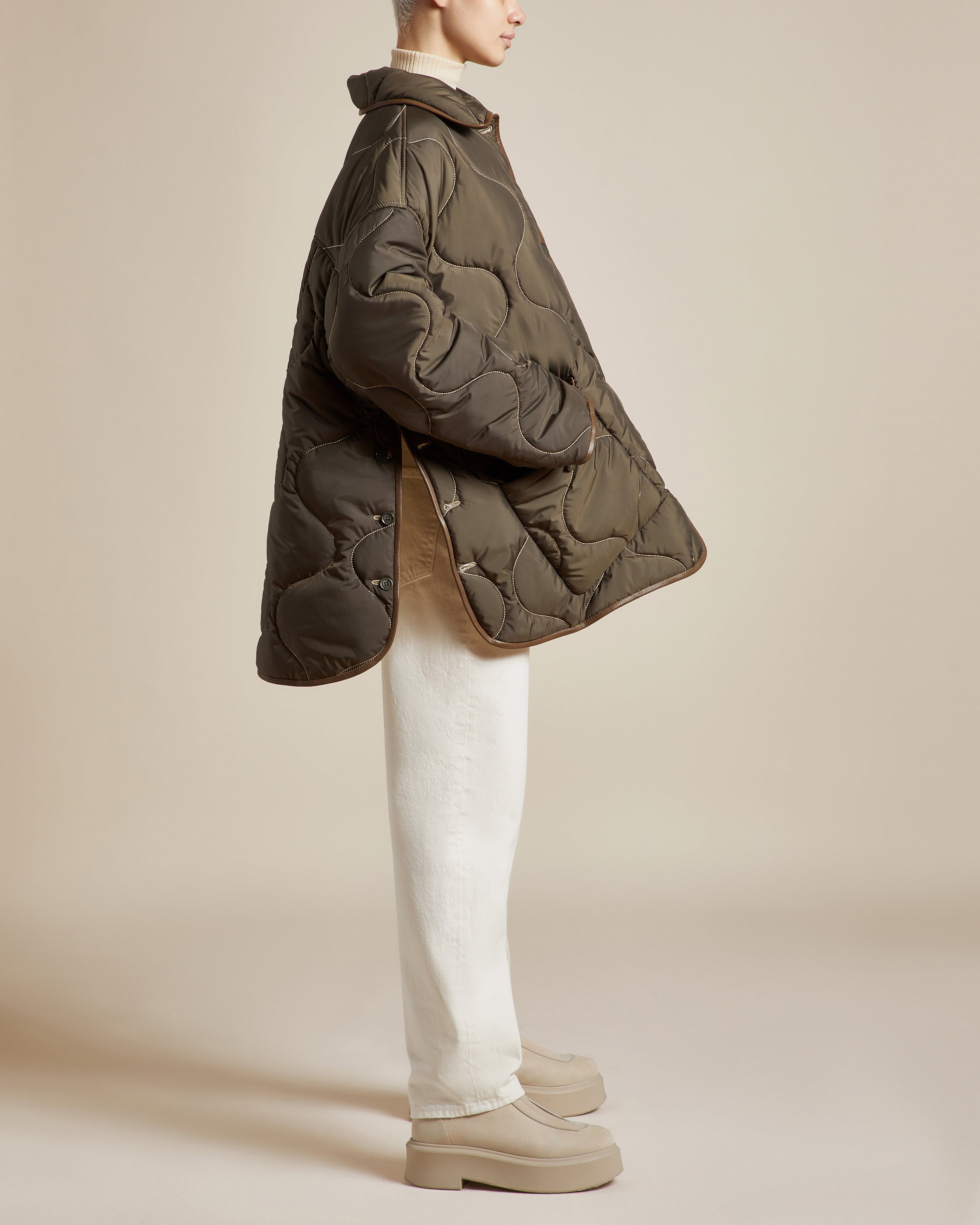 women's reversible khaki water-resistant quilted shirt jacket with contrast stitching exaggerated A-line shape 